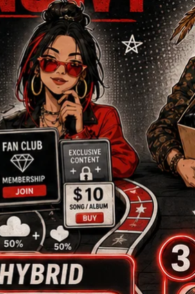 Fan club membership, exclusive content and ten dollar song or album buy panels beside an artist in red, from the G.U.M.M. September 2026 cover