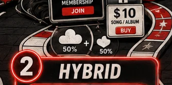 A fifty-fifty revenue split shown above the Hybrid path card on the G.U.M.M. September 2026 cover