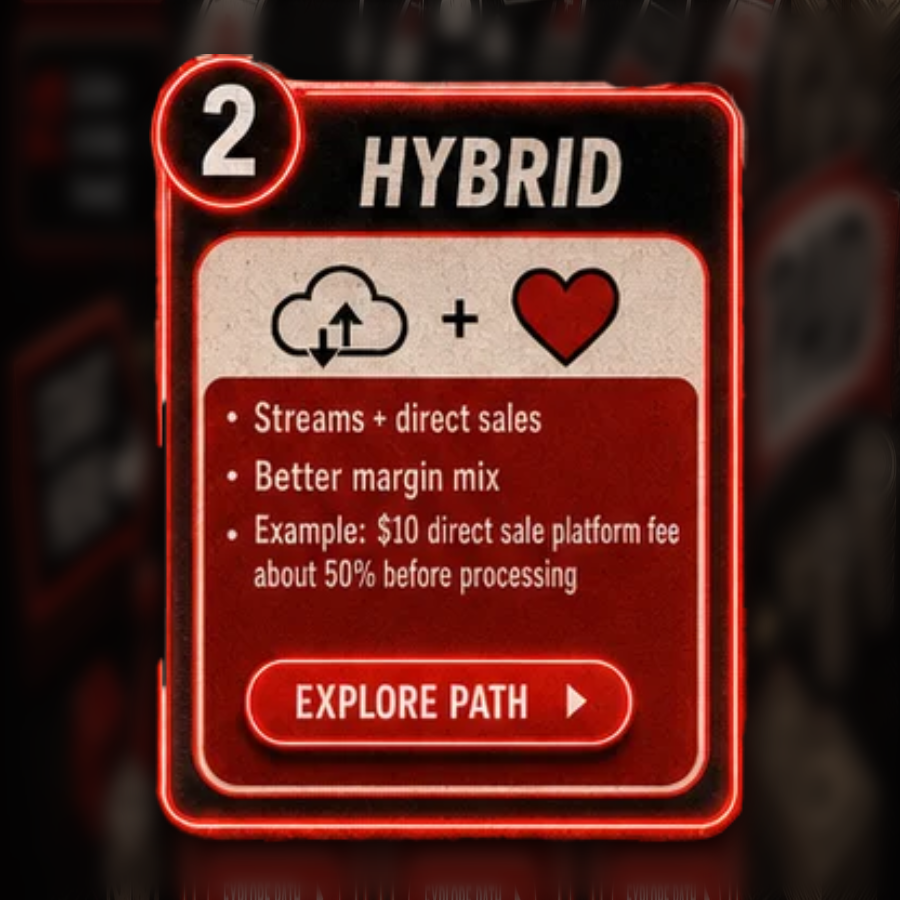 Path 02 HYBRID card from the G.U.M.M. September 2026 cover: streams plus direct sales, better margin mix, ten dollar direct sale with about fifty percent platform fee before processing.