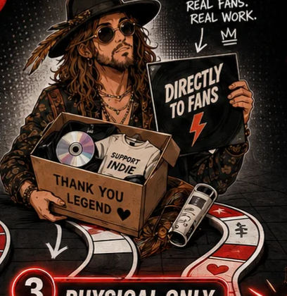 An artist in a wide-brimmed hat holding a Directly To Fans sign and a Thank You Legend box containing a vinyl record and a t-shirt