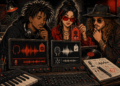 AI labeling rules illustration showing three musicians reviewing human and synthetic recordings.