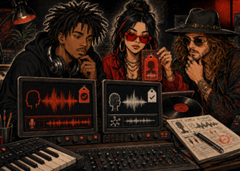 AI labeling rules illustration showing three musicians reviewing human and synthetic recordings.
