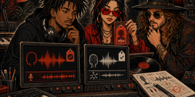 AI labeling rules illustration showing three musicians reviewing human and synthetic recordings.