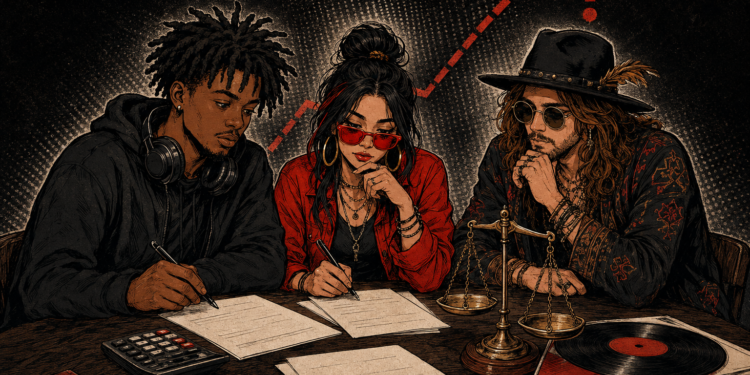Copyright fees illustration showing musicians reviewing a proposed budget beside an upward arrow and question mark.