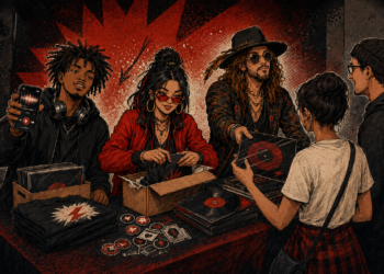 Direct-to-fan illustration showing musicians sharing records and merchandise with fans beside a streaming phone.