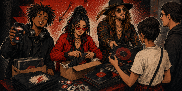 Direct-to-fan illustration showing musicians sharing records and merchandise with fans beside a streaming phone.