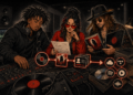 DSP declarations illustration showing musicians checking audio, artwork, and credits before digital delivery.