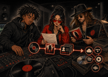 DSP declarations illustration showing musicians checking audio, artwork, and credits before digital delivery.