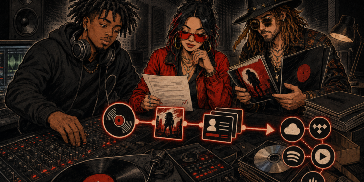 DSP declarations illustration showing musicians checking audio, artwork, and credits before digital delivery.
