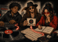 ISRC and ISWC illustration connecting a vinyl recording and written composition to a catalog record.