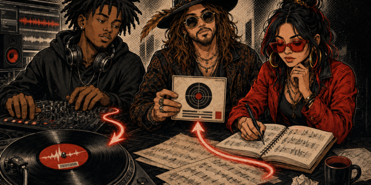 ISRC and ISWC illustration connecting a vinyl recording and written composition to a catalog record.