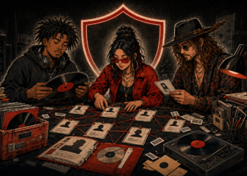 Music metadata illustration showing musicians organizing recording identifiers and contributor cards.