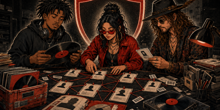 Music metadata illustration showing musicians organizing recording identifiers and contributor cards.